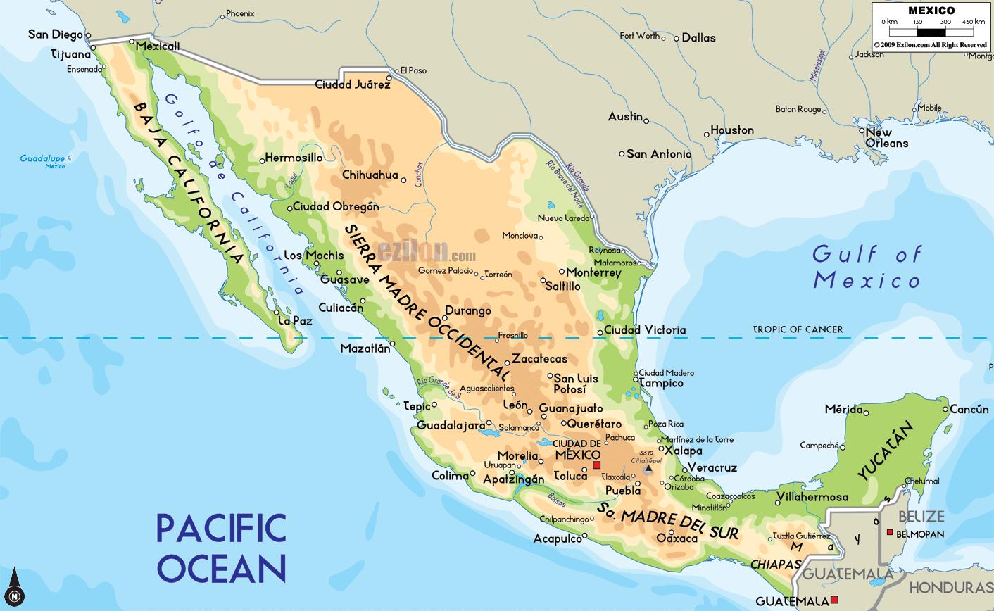 Meksiko fyysinen kartta - Meksiko kartta fyysinen (Keski-Amerikka - Amerikka )