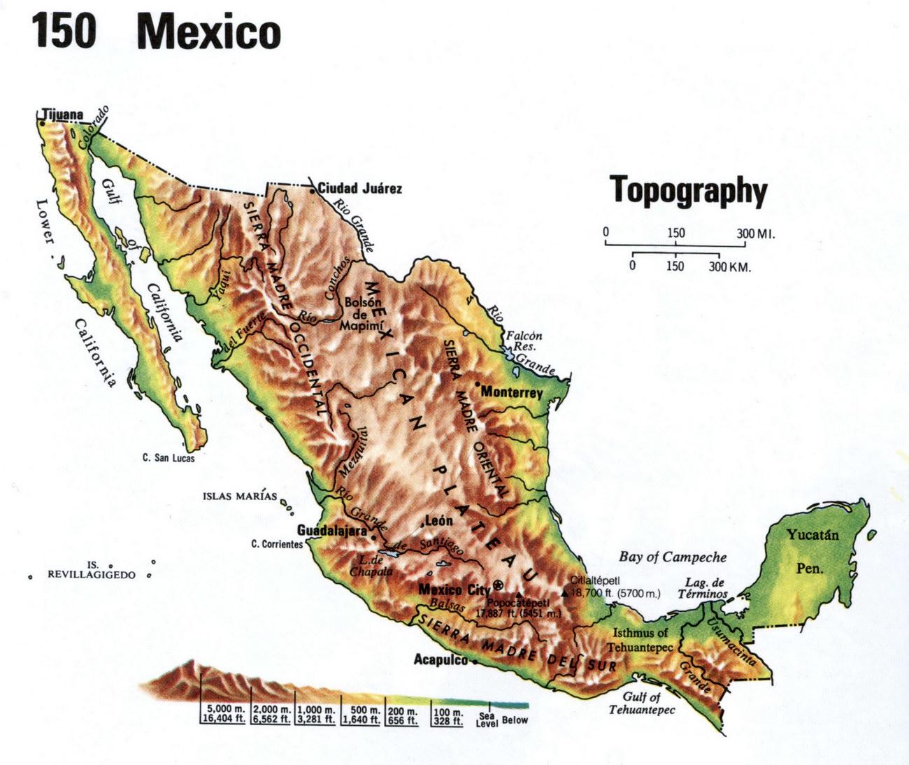 Topografinen kartta Meksiko - Meksiko topografinen kartta (Keski-Amerikka -  Amerikka)