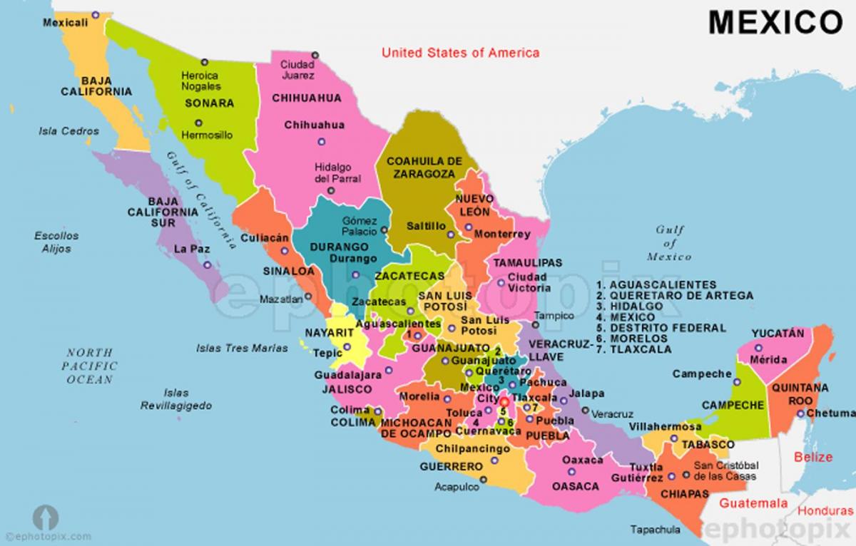 Meksikon kartta, jossa valtiot ja pääkaupungit