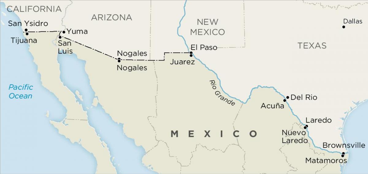 yhdysvaltain ja Meksikon rajalla kartta